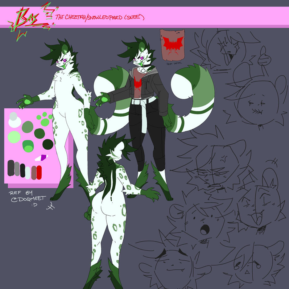 A ref sheet of a snow leopard/cheetah hybrid, with white fur, green markings, and purple eyes. They have a green mohawk and flesh as well. They are shown wearing black jeans with a white belt, a short black jacket, and a worn out looking red-brown t-shirt